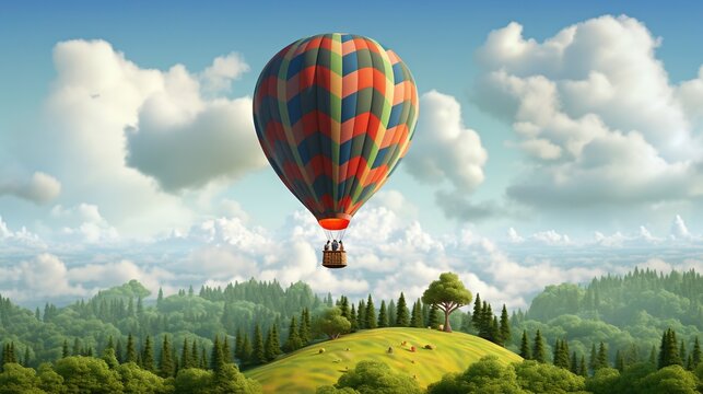  a painting of a hot air balloon flying over a lush green hillside.  generative ai