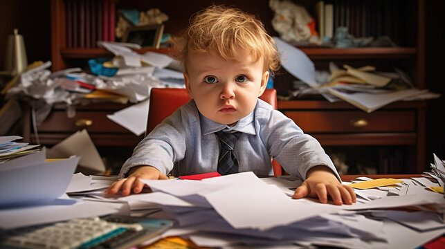 The picture shows a stressed-out baby sitting at a tiny desk, surrounded by messy papers and scattered office supplies. The little one looks overwhelmed and tries to organize the chaos