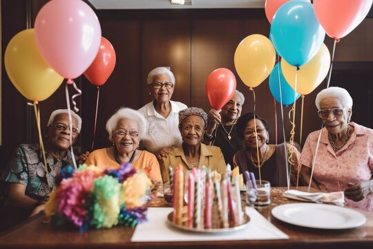Seniors having a birthday party in a nursing home