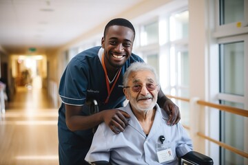 Obraz premium Senior man in a nursing home with his caretaker next to him smiling