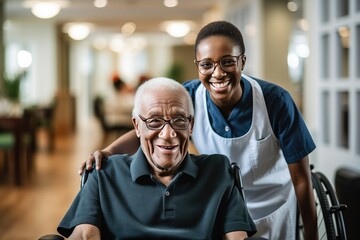 Fototapeta premium Senior man in a nursing home with his caretaker next to him smiling