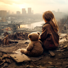 war picture, girl with teddy bear, Ukrainian little girl