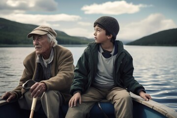 Fototapeta premium Grandfather and grandson in a small boat on a lake
