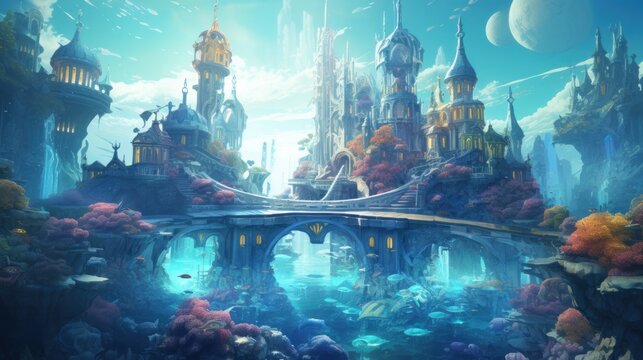 Illustrate an underwater city built within a vibrant coral reef, home to merfolk and other aquatic beings game art