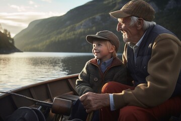 Grandfather and grandson fishing in a small fishing boat on a lake river