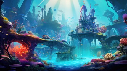Fototapeta na wymiar Illustrate an underwater city built within a vibrant coral reef, home to merfolk and other aquatic beings game art
