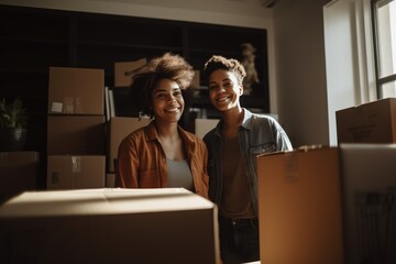 Young female couple moving into their new home apartment