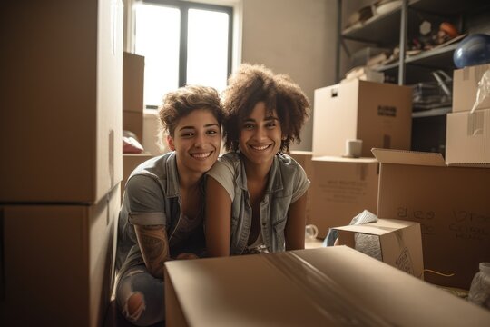 Young female couple moving into their new home apartment