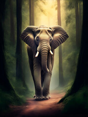 Un elefante caminando en un bosque. Vista de frente y de cerca. IA Generativa 