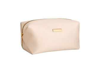 Beige gold color leather vanity cosmetic case, make up bag with zipper for lady women handbag Isolated on White Background. Side view. Mock up, template 