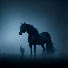 Obraz na płótnie Canvas Un caballo salvaje en medio de un campo con neblina con una atmósfera misteriosa. Vista de frente y de cerca. Copy space. IA Generativa 