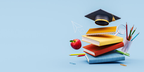 School books with accessories and graduation hat on light blue background with copy space. 3D...