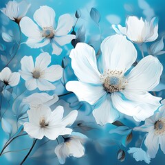 Seamless pattern with a white Anemone flowers on a blue background.