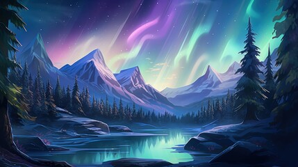 Northern Lights Wilderness: Illustrate a breathtaking wilderness scene with the northern lights dancing across the sky game art