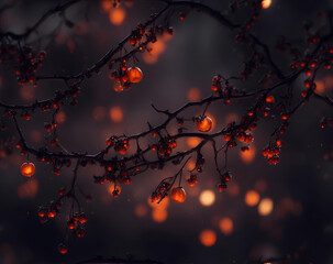 Dark background with light and branches . Autumn. AI
