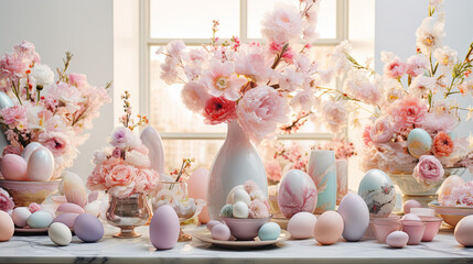 Elegant and sophisticated Easter decor. Beautifully arranged Easter brunch table with spring flowers centerpiece, adorned with Easter eggs and candles.