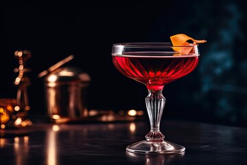 Closeup of a Beautiful Martinez Cocktail with Gin and Bourbon on a Cold Background in a Classic Bar Setting: Generative AI - obrazy, fototapety, plakaty