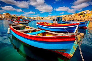 Famous Maltese Luzzu Boats in Colorful Mediterranean Harbor of Marsaxlokk Village, Malta: Generative AI - obrazy, fototapety, plakaty