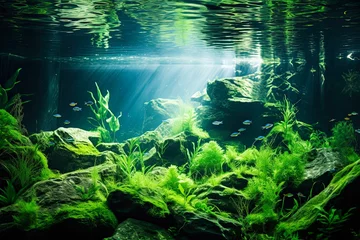 Tuinposter Freshwater Underwater Green Landscape - Underwater Lake Ecosystem in Serene Green Water with Aquatic Plants and Fish, Nature Background: Generative AI © AIGen