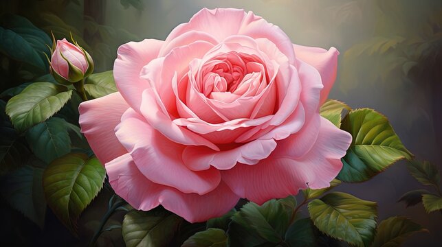  a painting of a pink rose with green leaves on a dark background.  generative ai