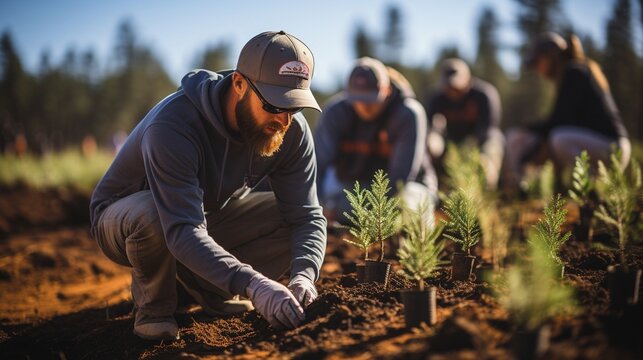 a team of volunteers is engaged in forest reforestation.