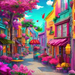 ?olorful street of fairy town. Generative AI