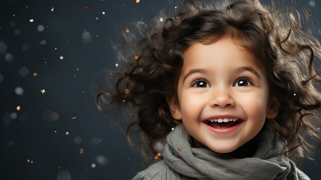 a picture of a young girl on a starry background with copy space.