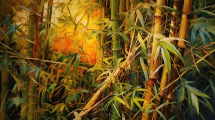  a painting of a bamboo forest with yellow and green leaves.  generative ai