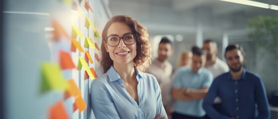 creative caucasian woman in casual wear present to team discussing with colorful note paper on wood table, planning to success concept, Generative AI