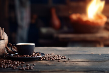 International Coffee Day banner with free space for text, cup and coffee grains on rustic wooden table. Generative AI