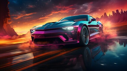 Obraz na płótnie Canvas Sports car on the road in the night. Modern car on the road at sunset. 3d render illustration.