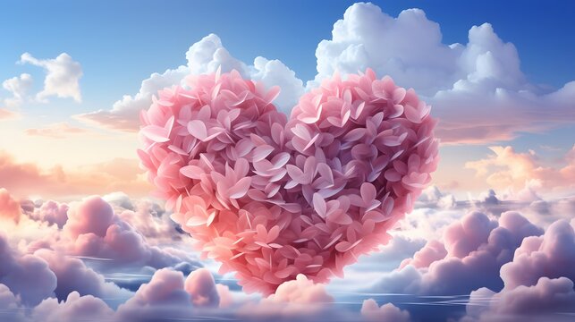 Heart shape made of pink flowers against blue sky with clouds 3d