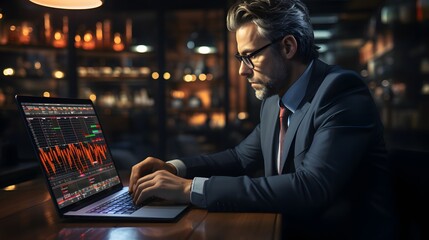 Businessman analyzing stock market data on laptop at night in a bar. Finance trade manager analyzing stock market indicators