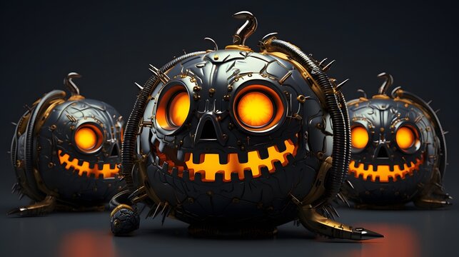 Halloween pumpkins with eyes and mouth on dark background. Cyberpunk halloween style.