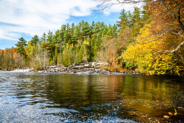 Waterfall along a river through a forest at the peak of fall foliage