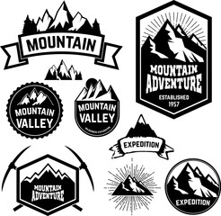 Set of vintage style mountains expedition labels and badges and design elements. Vector logo,badge or label design template.