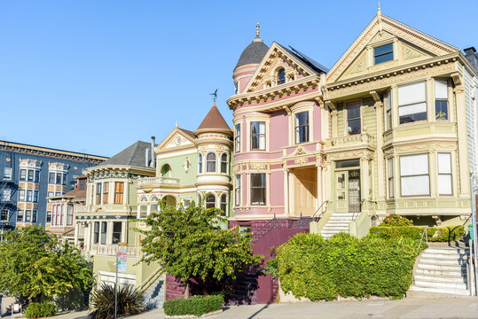 Row of old colourful houses in San Francisco on a sunny autumn day