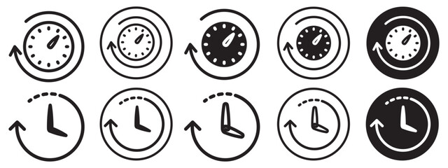 Uptime symbol Icon. Rewind schedule of office activity set collection. Vector sign of clock wise down time tracking watch. Flat outlined logo of real working hours digital history of over time in job