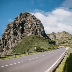 Road with an empty highway sign on the side of it, La Gomera, Canary Islands, Spain