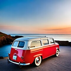 Little vintage red van parked near the ocean.