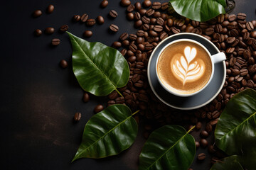 Cup of cappuccino coffe with coffee beans and green leaves on black background. Festive and inviting banner mockup for International Coffee Day with free space for text. Generative AI