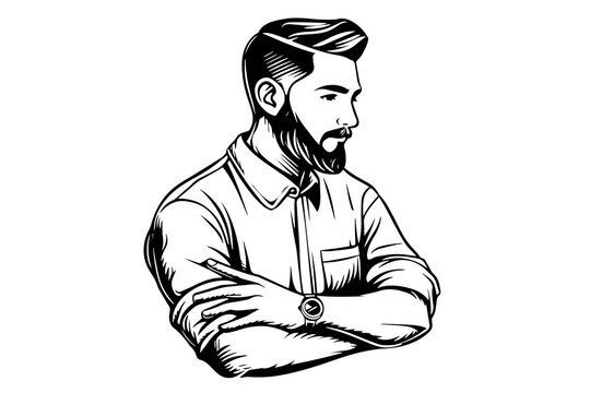 Hand drawn portrait of bearded man in profile. Hipster ink sketch. Logotype vector illustration.