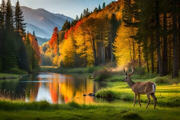 autumn landscape with lake and forest Generated Ai