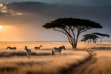 Fototapeta na wymiar herd of zebras at sunset Generated Ai