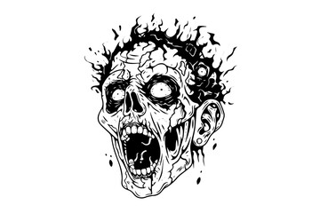 Zombie head or face ink sketch. Walking dead hand drawing vector illustration.