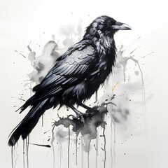 crow, black and white watercolor drawing, white background