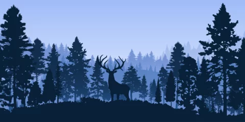 Fototapeten Forest landscape silhouette in blue hues. The coniferous trees and horned deer are in silhouette against a foggy horizon. For backgrounds, banners, travel and adventure designs ©  Tati. Dsgn