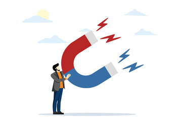 money or customer concept, businessman holding high power magnet to attract all benefits. Business appeal or charisma with the power to attract or entice a business opportunity. vector illustration.