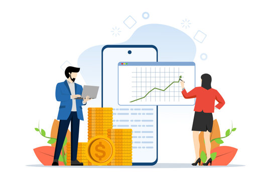 Concept of ROI, return on investment, financial solutions. People save money. Woman managing financial chart with mobile phone. Vector illustration in flat design for UI, web banner, mobile app.
