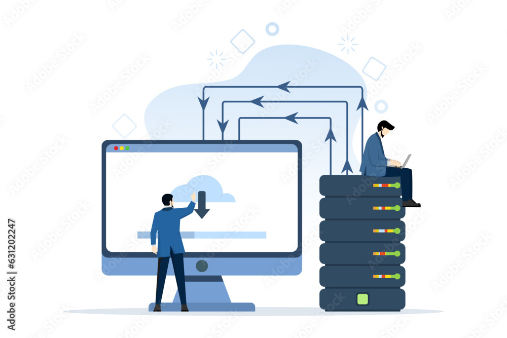 Poster web hosting concept with people characters. online databases, servers, web data centers, cloud compu
